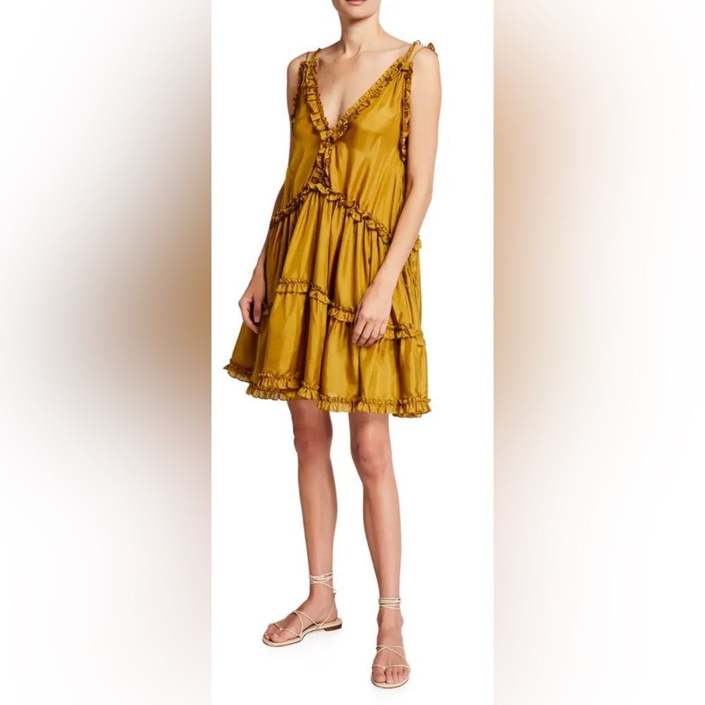 NWT Zimmermann 0 Dress Estelle Mini Draw Frill Deep V-Neck Sheer Silk Olive